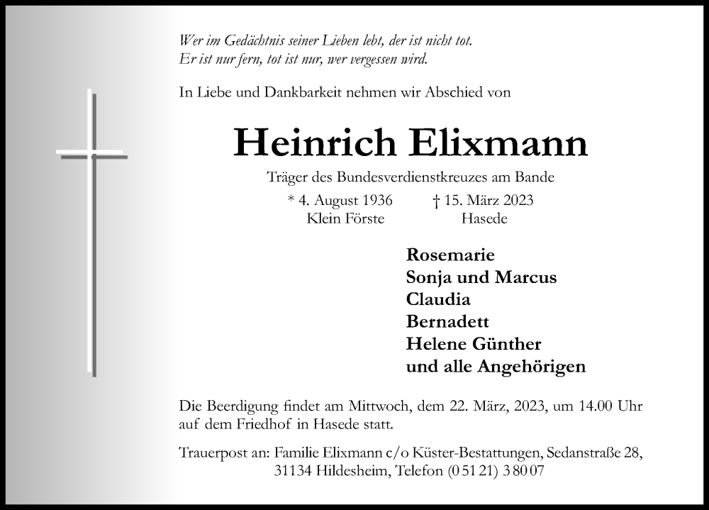  Traueranzeige für Heinrich Elixmann vom 18.03.2023 aus Hildesheimer Allgemeine Zeitung