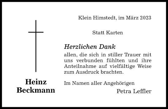 Traueranzeige von Heinz Beckmann von Hildesheimer Allgemeine Zeitung