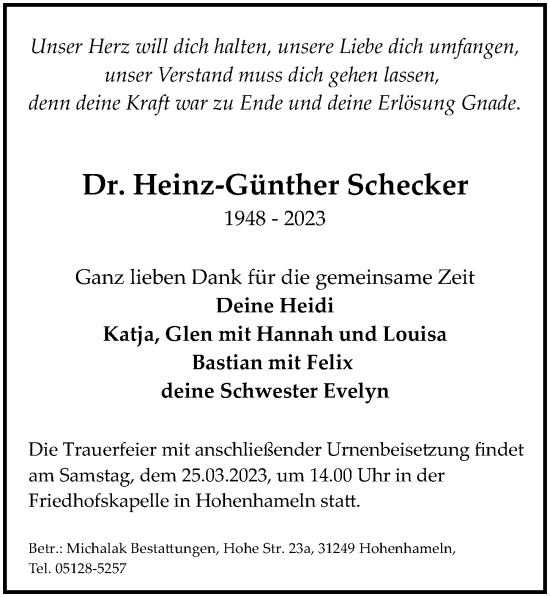 Traueranzeige von Heinz-Günther Schecker von Hildesheimer Allgemeine Zeitung