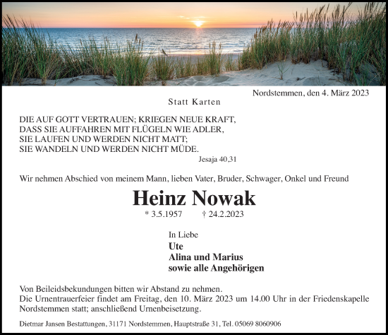 Traueranzeige von Heinz Nowak von Hildesheimer Allgemeine Zeitung