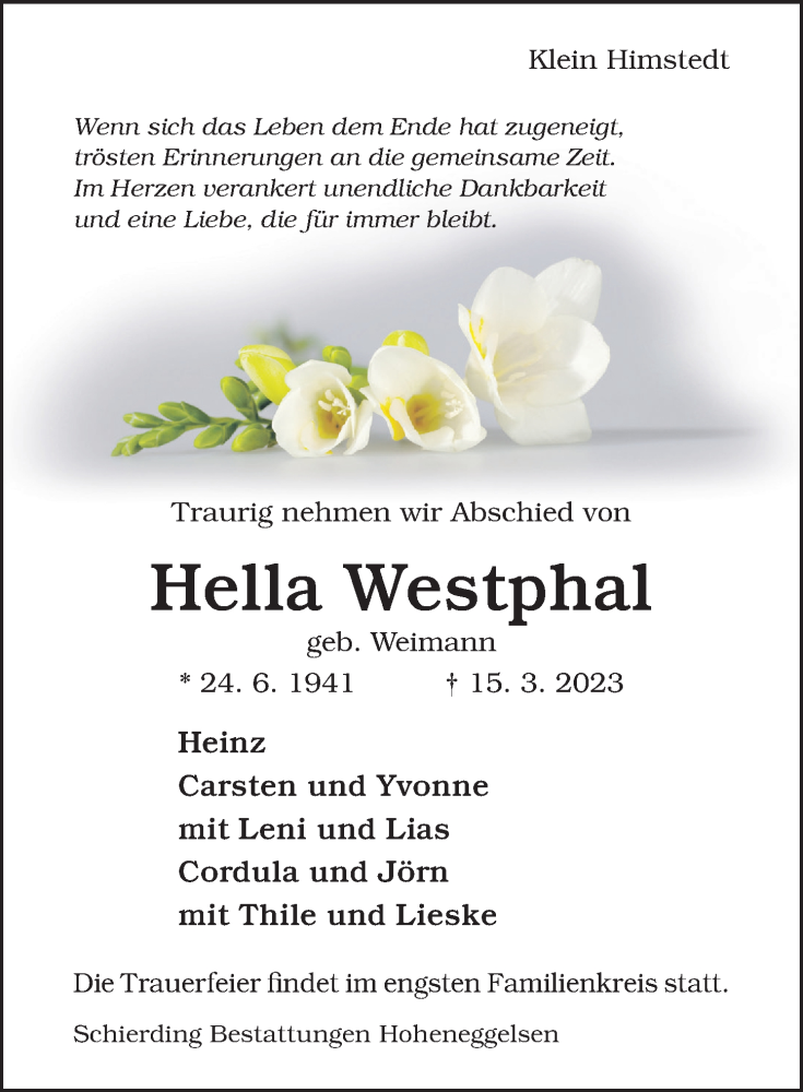  Traueranzeige für Hella Westphal vom 18.03.2023 aus Hildesheimer Allgemeine Zeitung