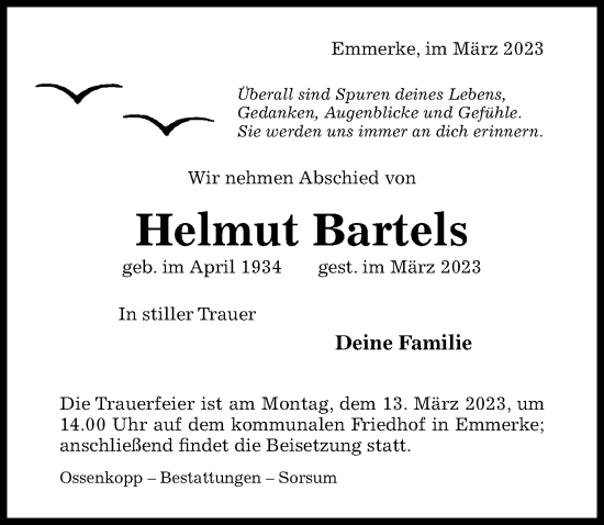Traueranzeige von Helmut Bartels von Hildesheimer Allgemeine Zeitung