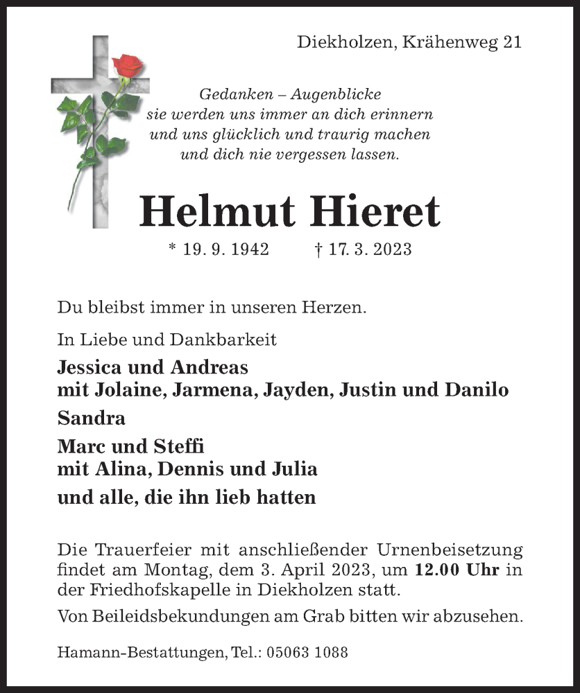  Traueranzeige für Helmut Hieret vom 27.03.2023 aus Hildesheimer Allgemeine Zeitung