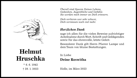 Traueranzeige von Helmut Hruschka von Hildesheimer Allgemeine Zeitung