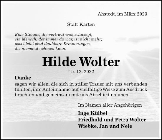 Traueranzeige von Hilde Wolter von Hildesheimer Allgemeine Zeitung