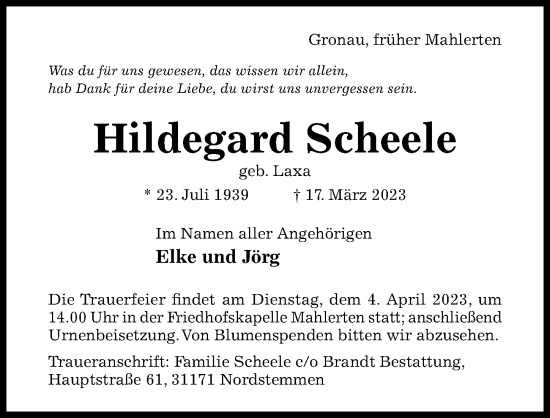 Traueranzeige von Hildegard Scheele von Hildesheimer Allgemeine Zeitung