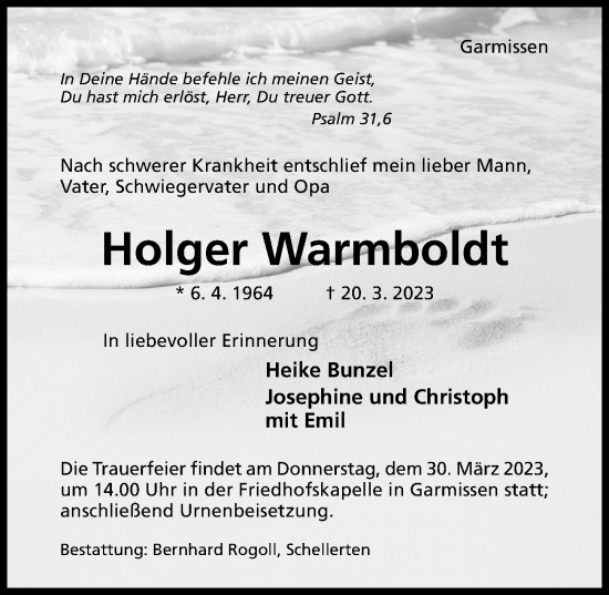 Traueranzeige von Holger Warmboldt von Hildesheimer Allgemeine Zeitung