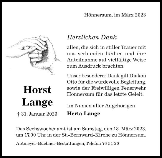 Traueranzeige von Horst Lange von Hildesheimer Allgemeine Zeitung