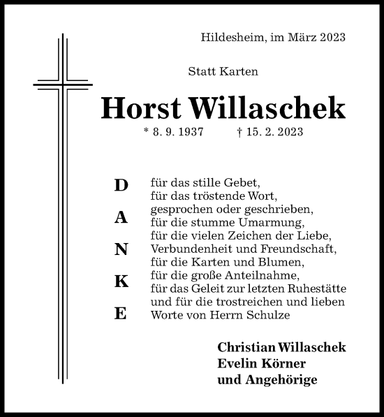 Traueranzeige von Horst Willaschek von Hildesheimer Allgemeine Zeitung