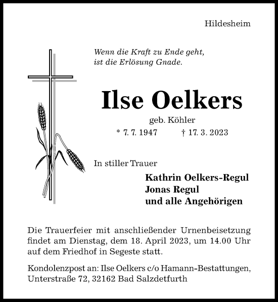 Traueranzeige von Ilse Oelkers von Hildesheimer Allgemeine Zeitung