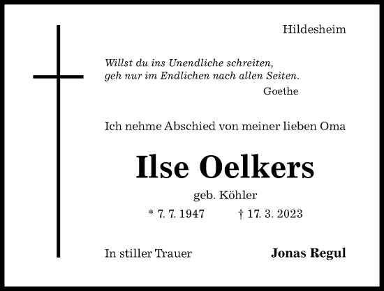 Traueranzeige von Ilse Oelkers von Hildesheimer Allgemeine Zeitung