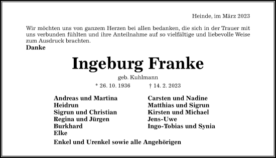 Traueranzeige von Ingeburg Franke von Hildesheimer Allgemeine Zeitung