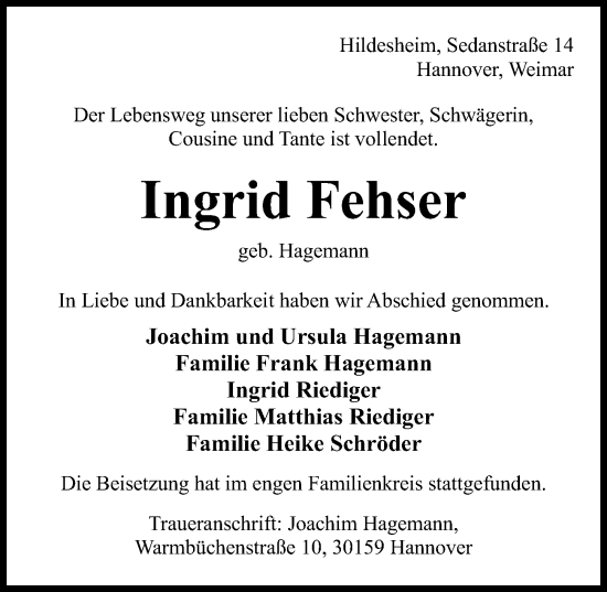 Traueranzeige von Ingrid Fehser von Hildesheimer Allgemeine Zeitung