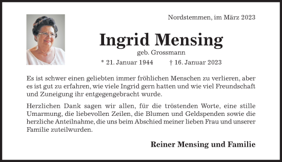 Traueranzeige von Ingrid Mensing von Hildesheimer Allgemeine Zeitung