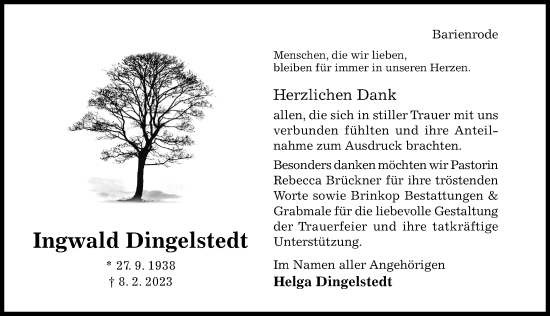 Traueranzeige von Ingwald Dingelstedt von Hildesheimer Allgemeine Zeitung