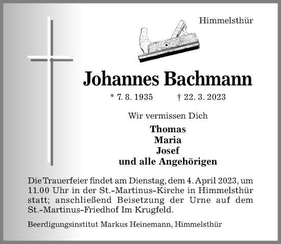 Traueranzeige von Johannes Bachmann von Hildesheimer Allgemeine Zeitung