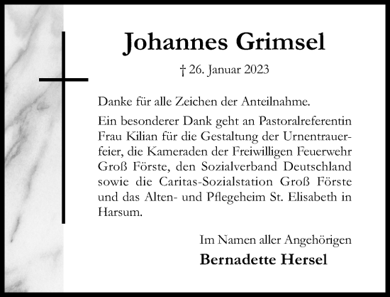 Traueranzeige von Johannes Grimsel von Hildesheimer Allgemeine Zeitung