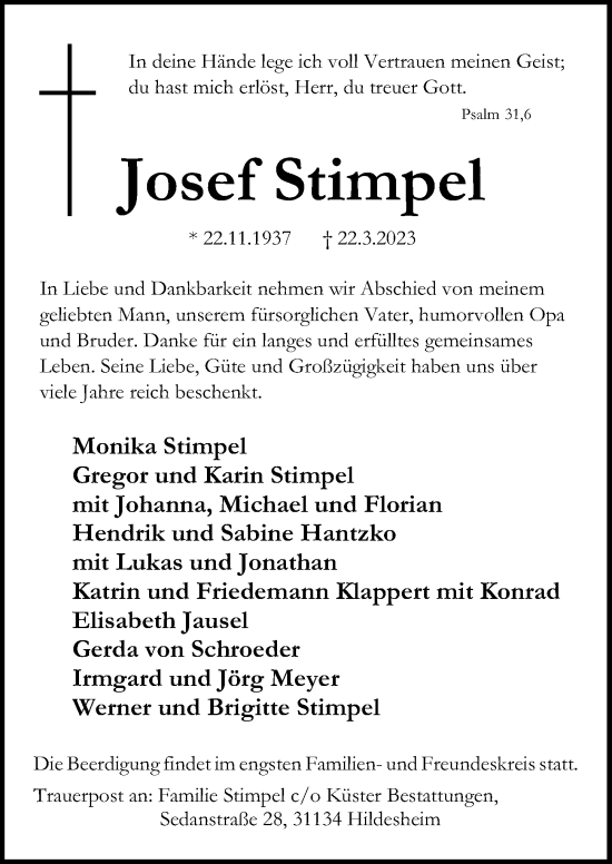 Traueranzeige von Josef Stimpel von Hildesheimer Allgemeine Zeitung