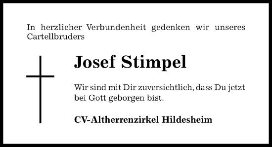 Traueranzeige von Josef Stimpel von Hildesheimer Allgemeine Zeitung