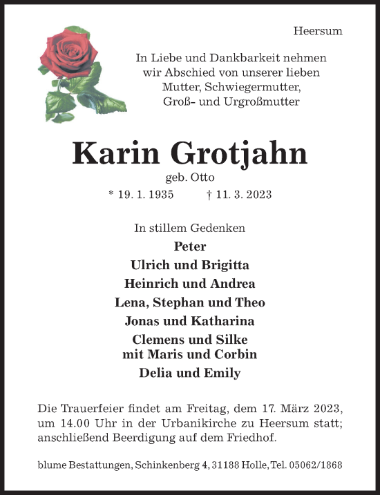 Traueranzeige von Karin Grotjahn von Hildesheimer Allgemeine Zeitung