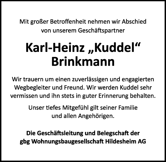Traueranzeige von Karl-Heinz Brinkmann von Hildesheimer Allgemeine Zeitung