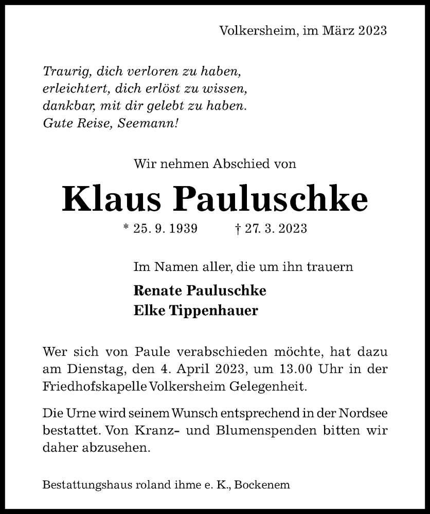  Traueranzeige für Klaus Pauluschke vom 29.03.2023 aus Hildesheimer Allgemeine Zeitung