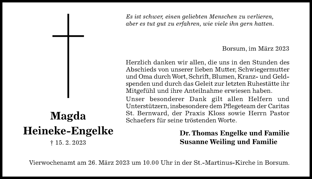  Traueranzeige für Magda Heineke-Engelke vom 22.03.2023 aus Hildesheimer Allgemeine Zeitung