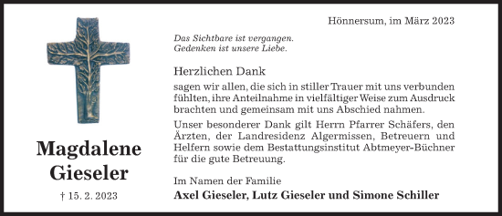 Traueranzeige von Magdalene Gieseler von Hildesheimer Allgemeine Zeitung