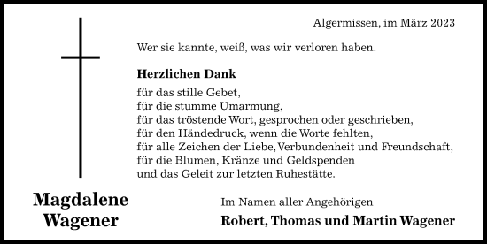 Traueranzeige von Magdalene Wagener von Hildesheimer Allgemeine Zeitung