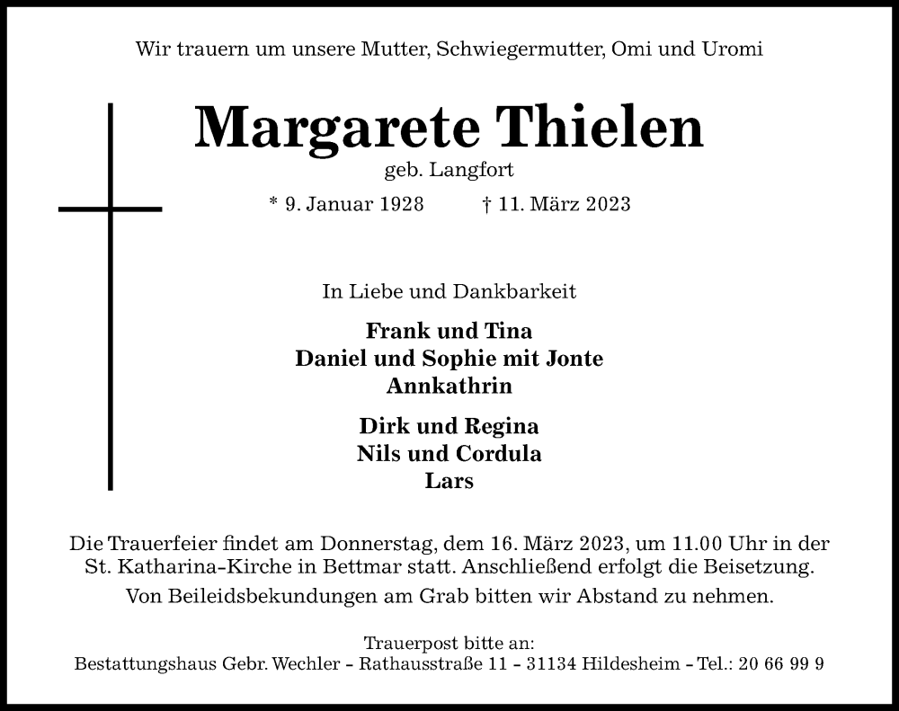  Traueranzeige für Margarete Thielen vom 14.03.2023 aus Hildesheimer Allgemeine Zeitung