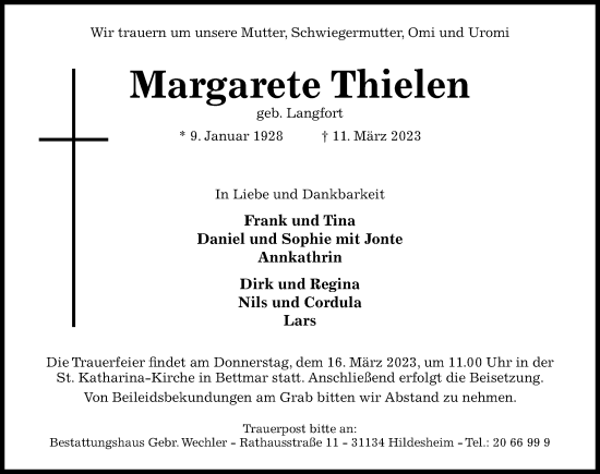 Traueranzeige von Margarete Thielen von Hildesheimer Allgemeine Zeitung