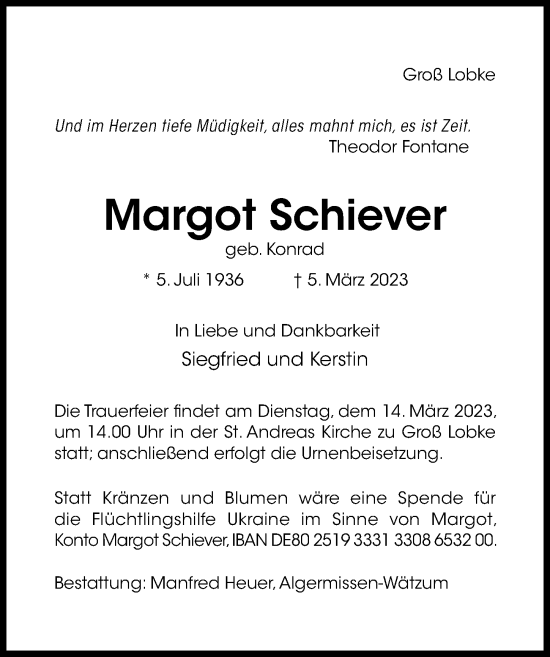 Traueranzeige von Margot Schiever von Hildesheimer Allgemeine Zeitung