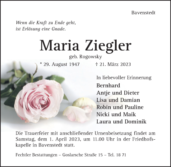 Traueranzeige von Maria Ziegler von Hildesheimer Allgemeine Zeitung