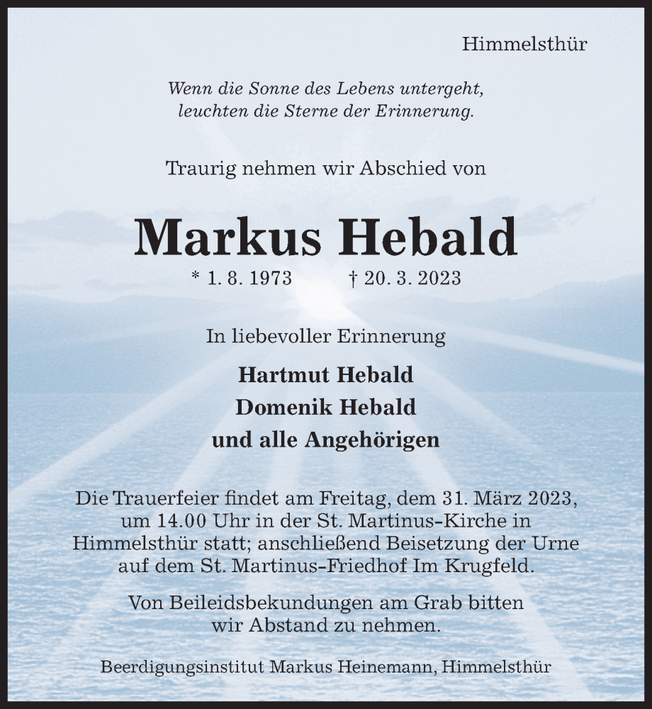  Traueranzeige für Markus Hebald vom 29.03.2023 aus Hildesheimer Allgemeine Zeitung