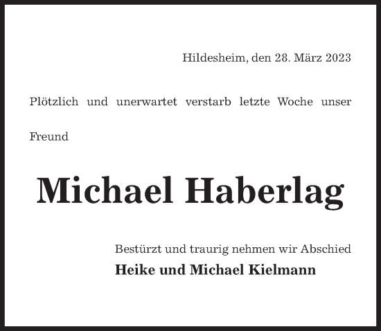 Traueranzeige von Michael Haberlag von Hildesheimer Allgemeine Zeitung