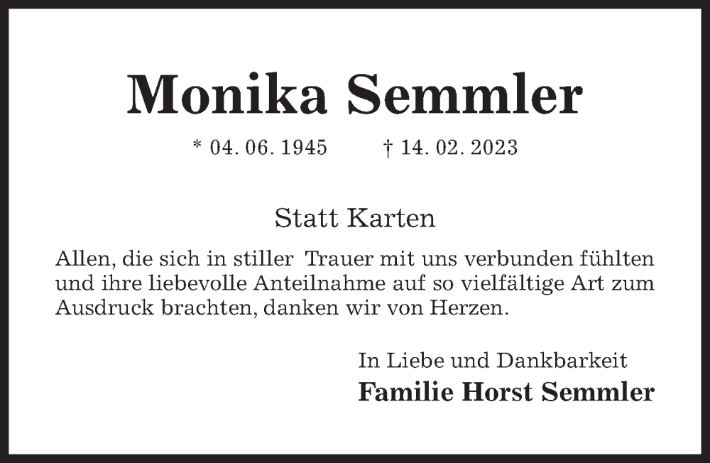  Traueranzeige für Monika Semmler vom 18.03.2023 aus Hildesheimer Allgemeine Zeitung