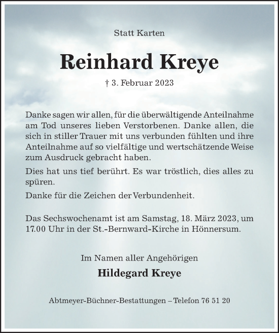 Traueranzeige von Reinhard Kreye von Hildesheimer Allgemeine Zeitung