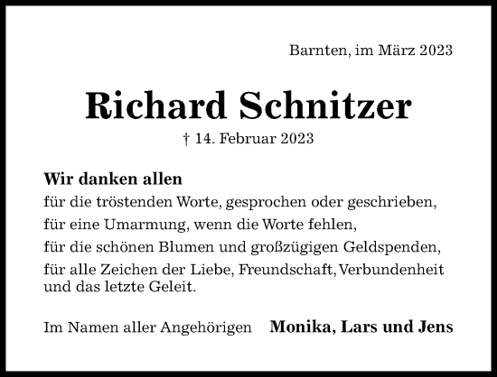 Traueranzeige von Richard Schnitzer von Hildesheimer Allgemeine Zeitung