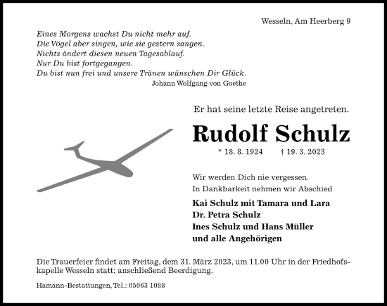 Traueranzeige von Rudolf Schulz von Hildesheimer Allgemeine Zeitung