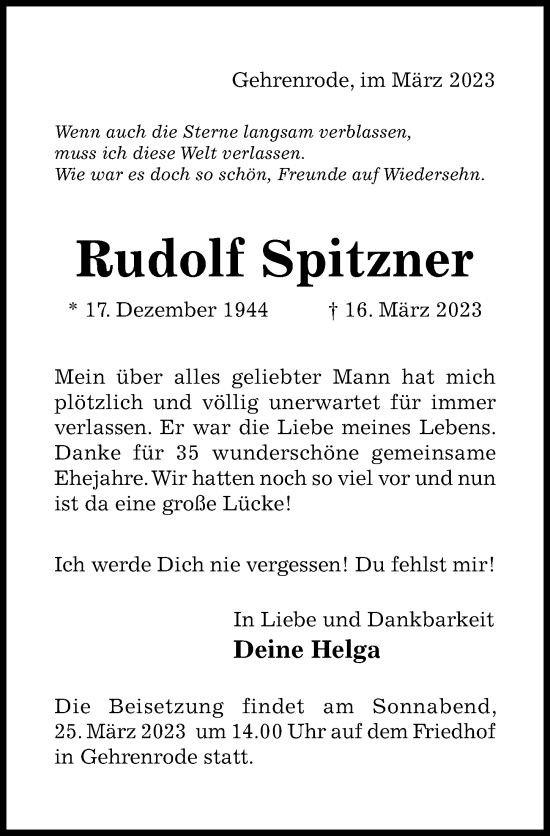 Traueranzeige von Rudolf Spitzner von Hildesheimer Allgemeine Zeitung