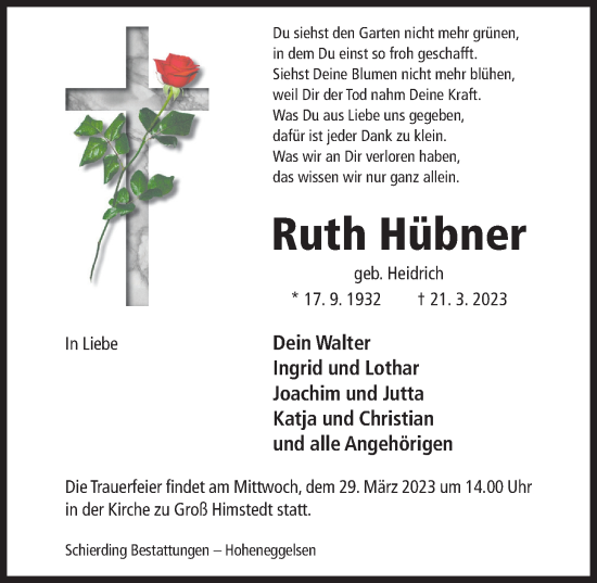 Traueranzeige von Ruth Hübner von Hildesheimer Allgemeine Zeitung