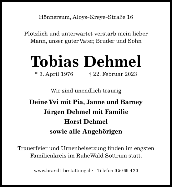 Traueranzeige von Tobias Dehmel von Hildesheimer Allgemeine Zeitung