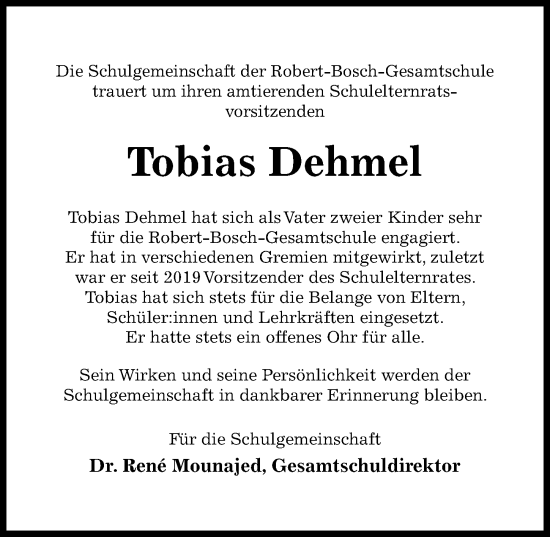 Traueranzeige von Tobias Dehmel von Hildesheimer Allgemeine Zeitung