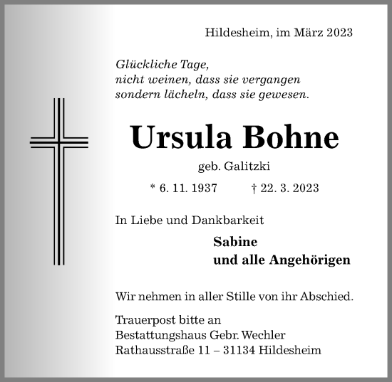 Traueranzeige von Ursula Bohne von Hildesheimer Allgemeine Zeitung