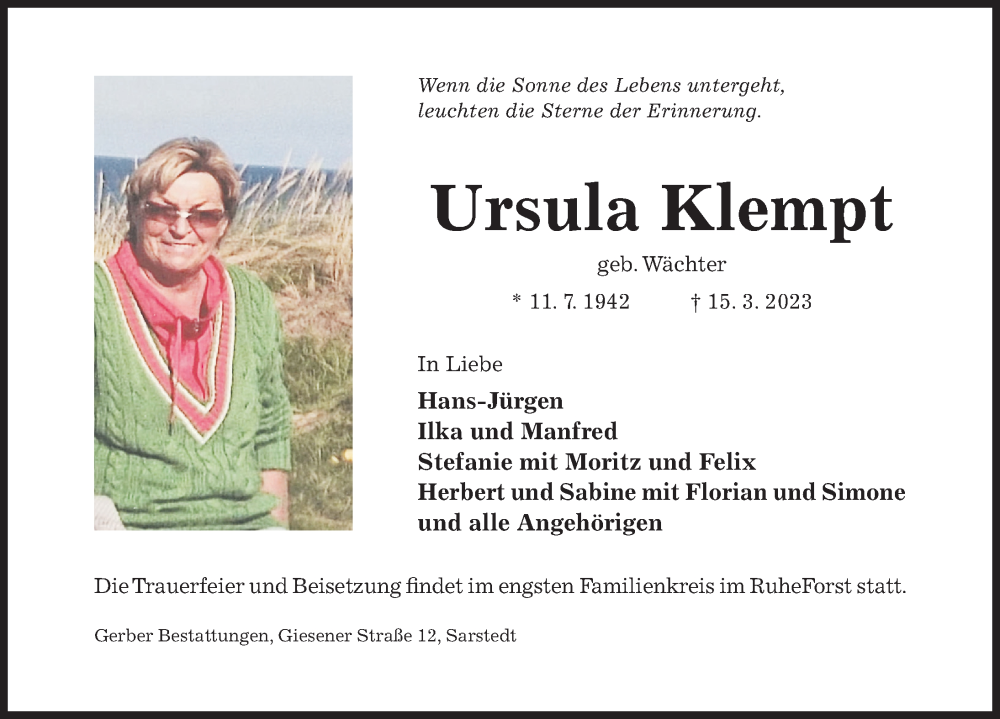  Traueranzeige für Ursula Klempt vom 18.03.2023 aus Hildesheimer Allgemeine Zeitung