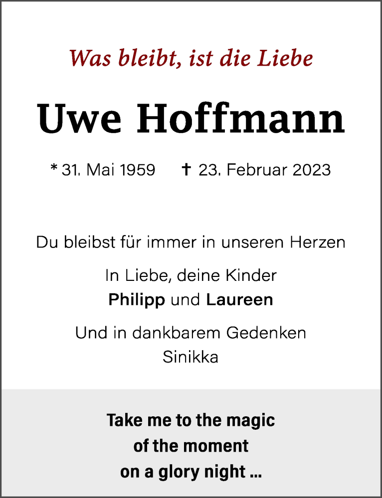  Traueranzeige für Uwe Hoffmann vom 01.03.2023 aus Hildesheimer Allgemeine Zeitung