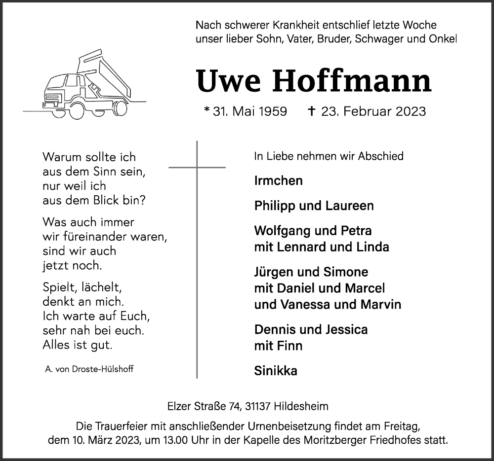  Traueranzeige für Uwe Hoffmann vom 04.03.2023 aus Hildesheimer Allgemeine Zeitung