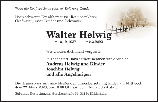 Traueranzeige von Walter Helwig von Hildesheimer Allgemeine Zeitung