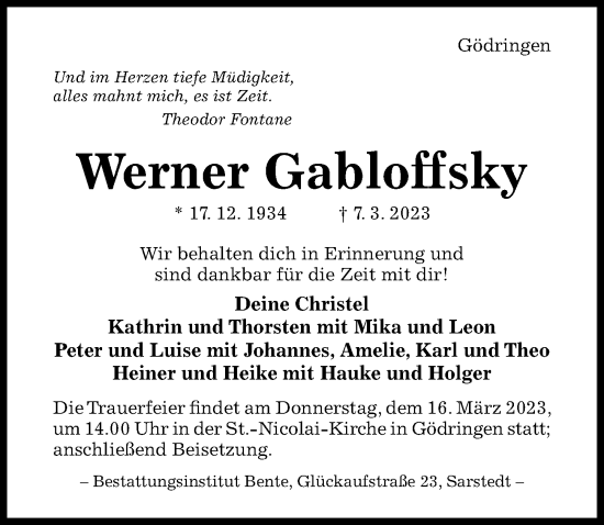 Traueranzeige von Werner Gabloffsky von Hildesheimer Allgemeine Zeitung