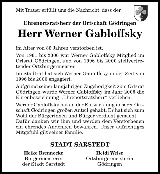 Traueranzeige von Werner Gabloffsky von Hildesheimer Allgemeine Zeitung